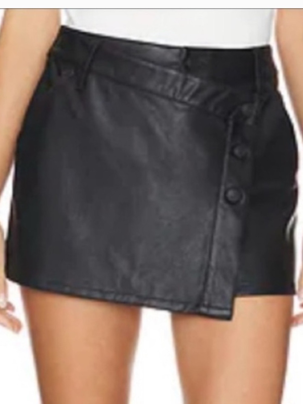 Free People Black Faux Leather Asymmetric Button Mini Skirt